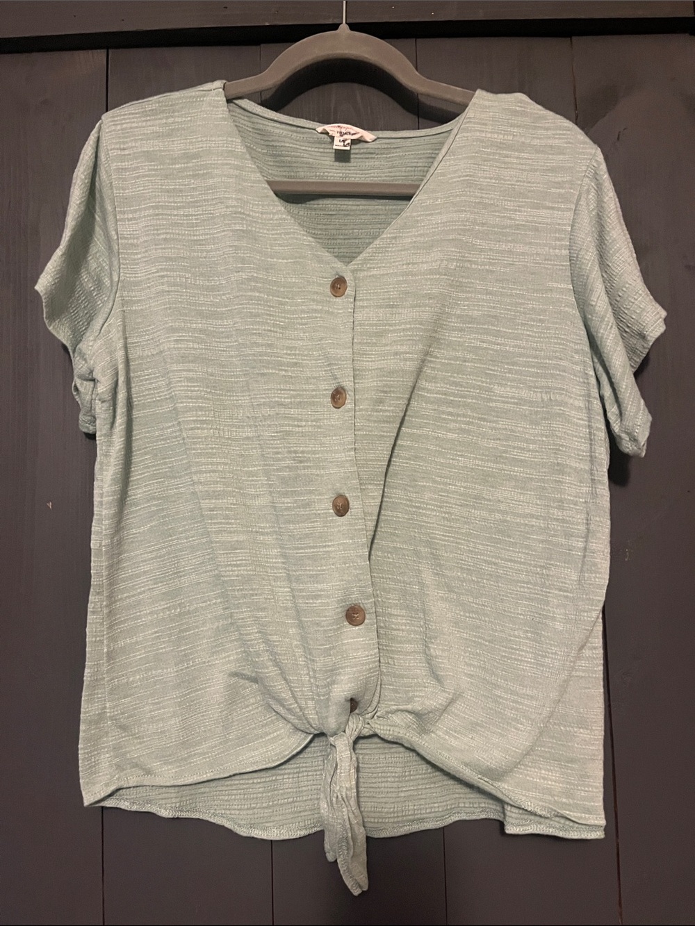 Weatherproof Light Sage Button-Front Tie-Hem Top